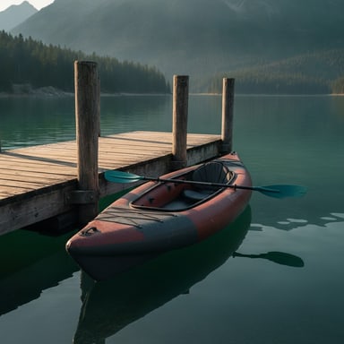 Hybrid frame inflatable kayak gliding on calm green lake water