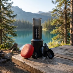 AeroPress Go on a wooden camp table by an alpine lake