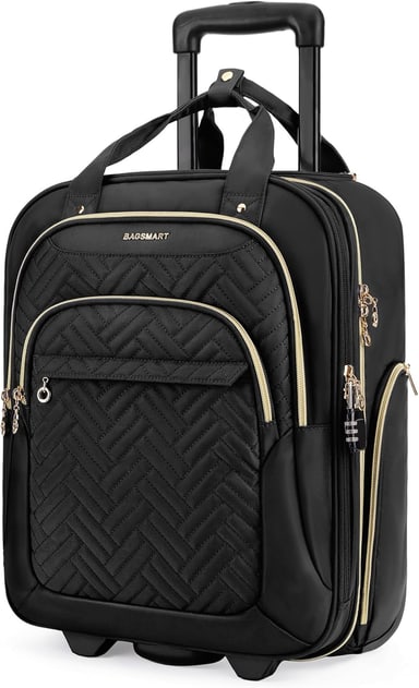 BAGSMART 16-inch underseat carry-on in black quilted fabric with the handle extended