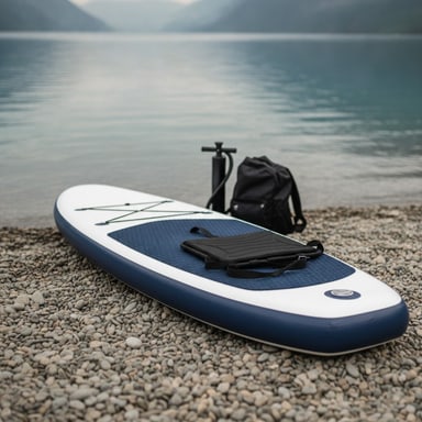 Inflatable paddle board with kayak seat conversion beside a mountain lake