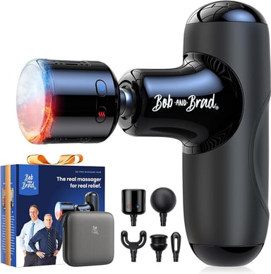 Bob and Brad Q2 Pro mini massage gun with hot and cold head, case, and attachments