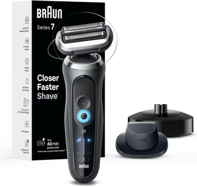 Braun Series 7 7127cs foil shaver with its charging stand and precision trimmer attachment