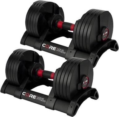 Core Home Fitness 5 to 50 lb adjustable dumbbells on their cradles