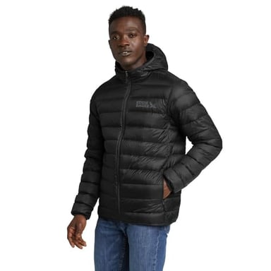 Eddie Bauer CirrusLite Down Hooded Jacket in black, front view