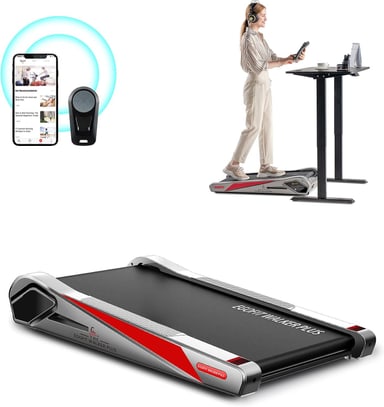 Egofit Walker Pro M1 compact under desk treadmill, with a walker at a standing desk
