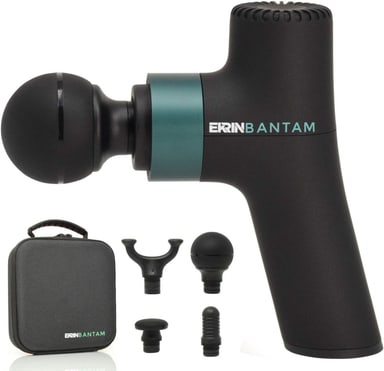 Ekrin Bantam mini massage gun with case and four attachments