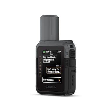 Garmin inReach Mini 3 satellite communicator with color touchscreen showing a text conversation
