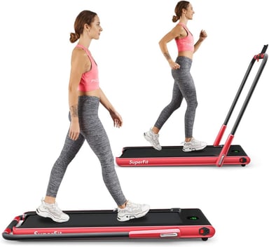Goplus 2-in-1 folding treadmill in red, shown in walking mode and running mode