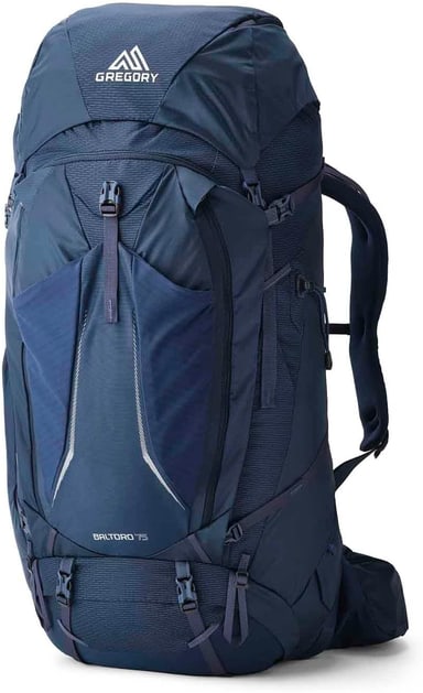 Gregory Baltoro 75 backpacking pack in blue, front view