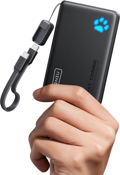 INIU P41 10000mAh power bank with detachable cable held in a hand