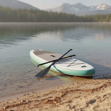 Teal inflatable stand up paddle board resting at a calm lake shoreline
