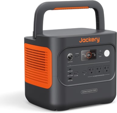 Jackery Explorer 2000 v2 portable power station with orange side panel and fold-down handle