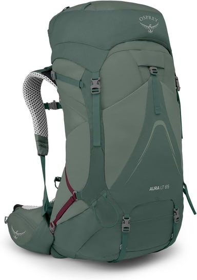 Osprey Aura AG LT 65 women's backpacking pack in green, front view