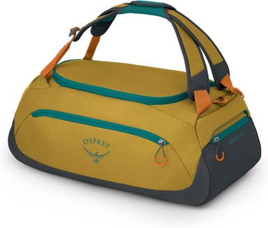 Osprey Daylite Duffel 60 in yellow with its backpack straps over the top