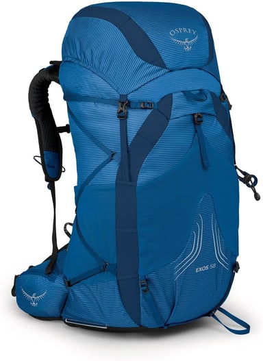 Osprey Exos 58 ultralight backpacking pack in blue, three-quarter view