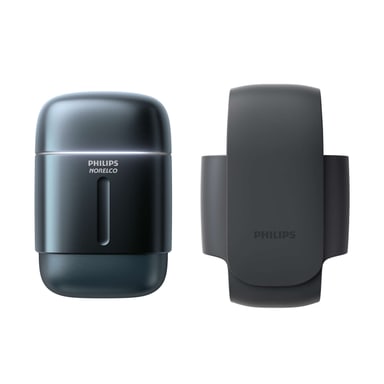 Philips Norelco 700 Series compact travel shaver beside its travel pouch