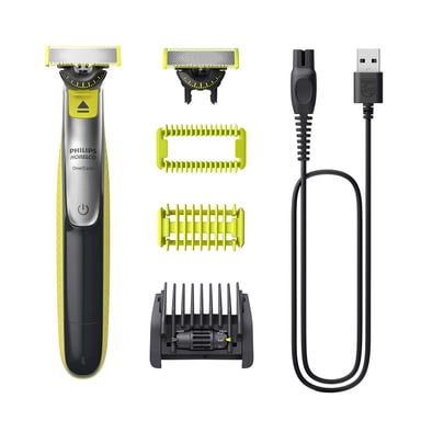 Philips Norelco OneBlade 360 Face + Body with its face and body combs, skin guard, spare blade, and USB-A cable