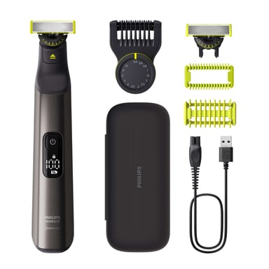 Philips Norelco OneBlade Pro 360 with its hard travel case, 20-length comb, body comb, skin guard, spare blade, and cable