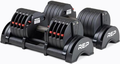 REP Fitness QuickDraw adjustable dumbbells on their cradles