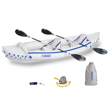 Sea Eagle 370 Pro three-person inflatable sport kayak with paddles and seats