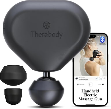 Theragun Mini (3rd Gen) massage gun with its three attachments
