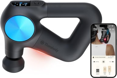 Theragun PRO Plus massage gun with its screen and blue arm