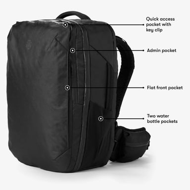 Tortuga Pro Backpack 40L in black with its quick-access, admin, front, and water bottle pockets labeled