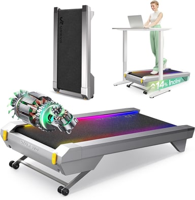 UREVO CyberPad walking pad with 14% auto incline, shown flat and stored on end