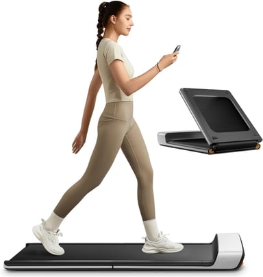 WalkingPad P1 foldable walking pad with a walker, folded unit behind