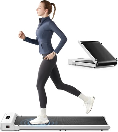 WalkingPad Z1 foldable walking pad in white, open with a walker and folded in half behind
