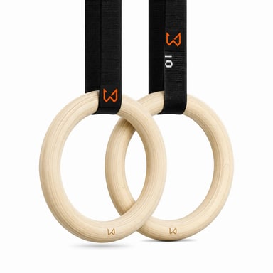 Xtenia Wooden Gymnastic Rings V2, solid birch rings with black jacquard straps