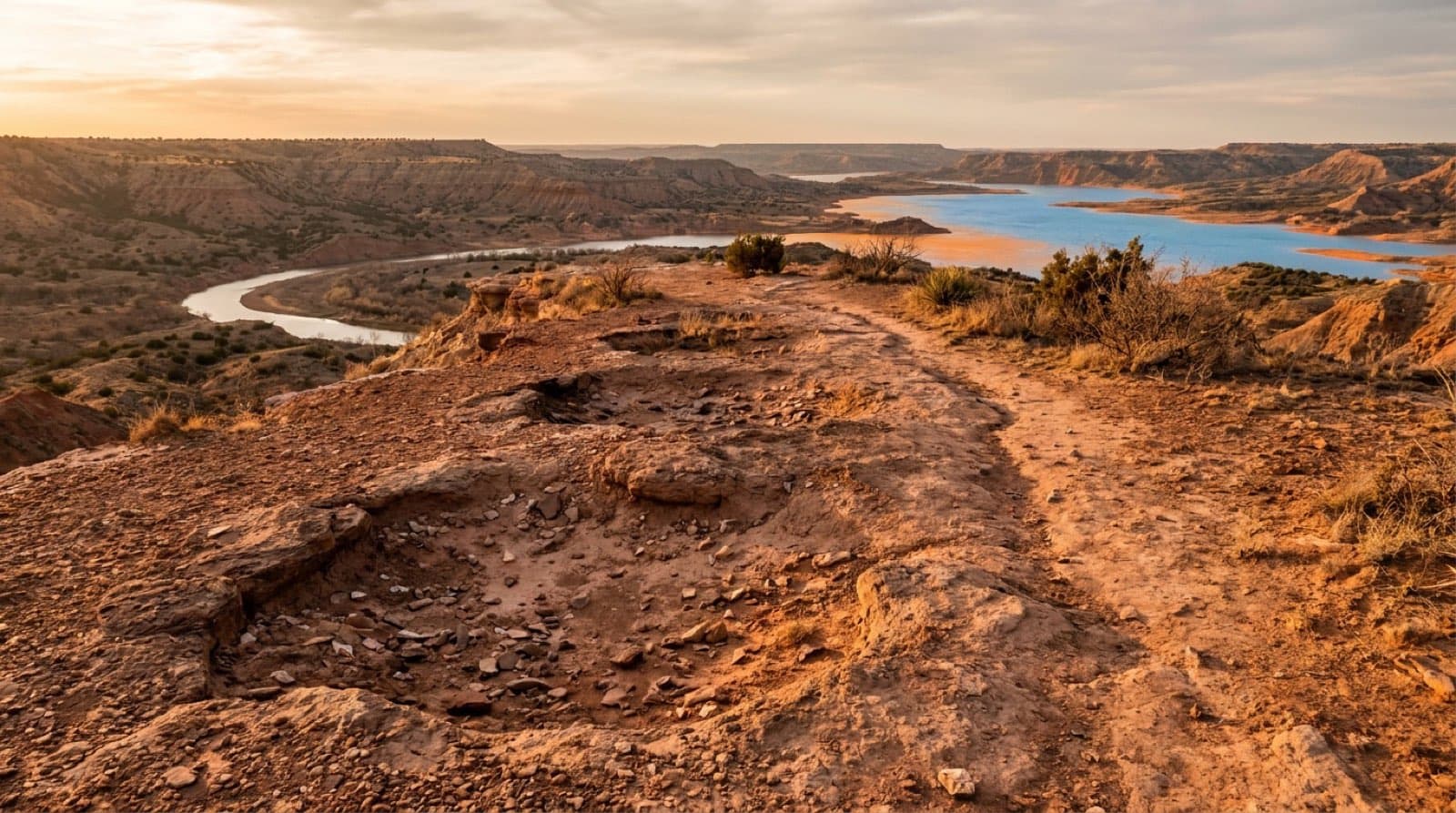 A rugged mesa-top trail at Alibates Flint Quarries above Lake Meredith in the Texas Panhandle at golden hour, shallow ancient quarry pits in red rock, sweeping canyon-and-reservoir view