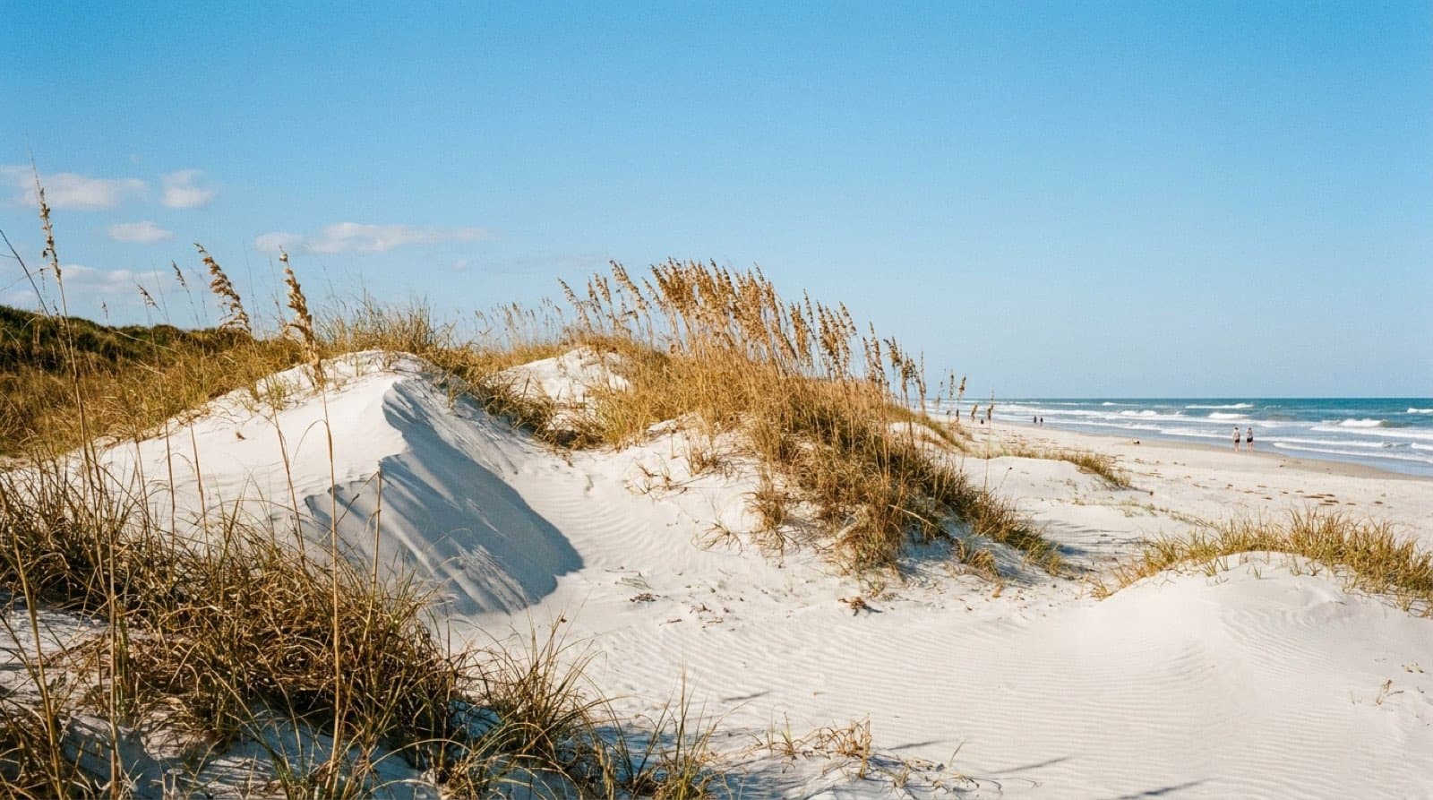 Towering white sand dunes topped with golden sea oats at Anastasia State Park, the Atlantic surf and a wide quartz-sand beach beyond, bright blue sky