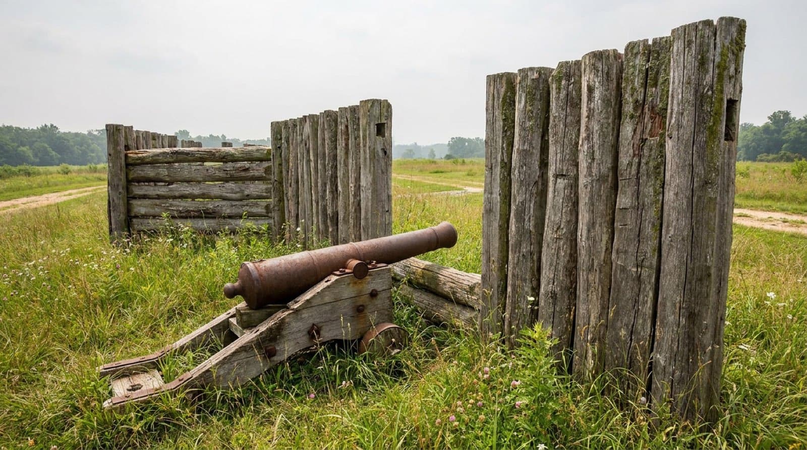A reconstructed section of the wooden stockade wall at Andersonville prison site standing in an open grassy field under a hazy Georgia sky, cannon in the foreground