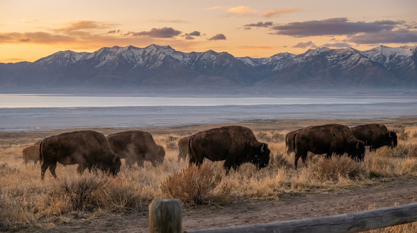 A herd of free-ranging bison grazing on the golden grasslands of Antelope Island, the silver expanse of the Great Salt Lake and the Wasatch Mountains behind them, warm late-afternoon light