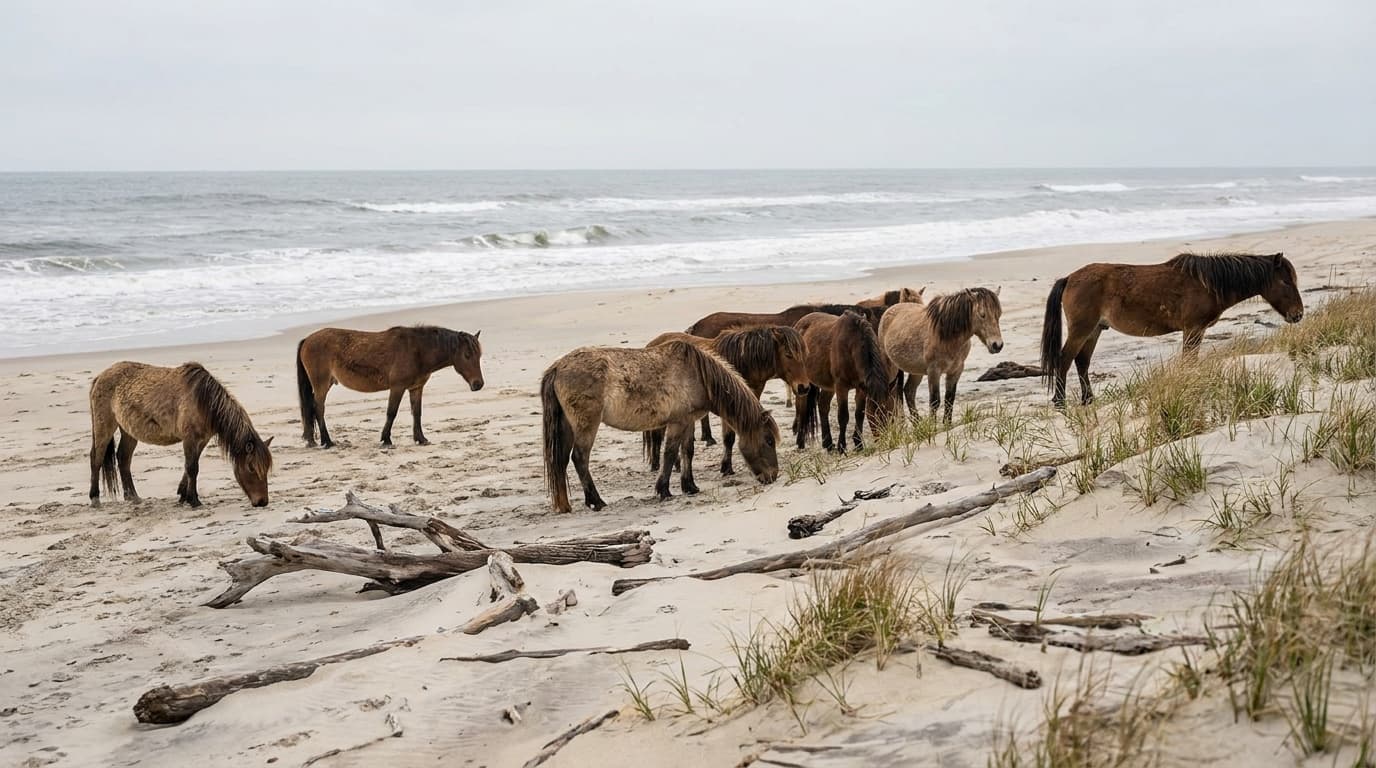Wild horses on the beach and dunes at Assateague State Park