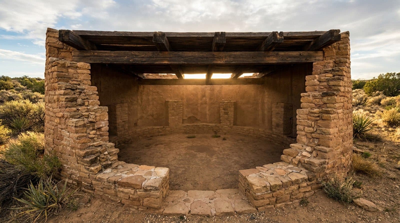 The reconstructed Great Kiva at Aztec Ruins, large round ceremonial chamber with timber roof, warm interior light filtering in, ancestral Puebloan architecture, atmospheric