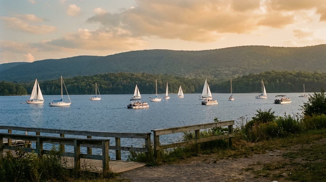 Wide view across Foster Joseph Sayers Lake at Bald Eagle State Park with sailboats and motorboats on calm blue water, forested Bald Eagle Mountain ridge behind, warm summer evening light, central Pennsylvania