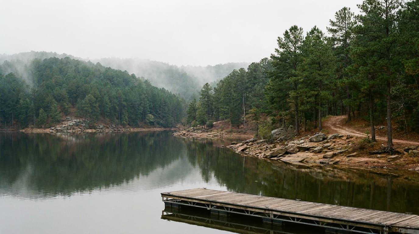 Broken Bow Lake ringed by pine forest at Beavers Bend State Park