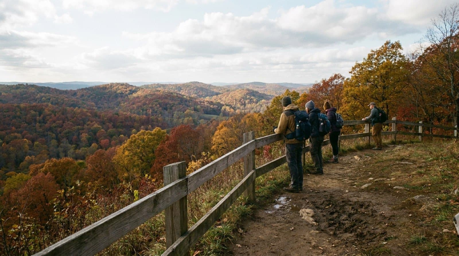 A sweeping view from a Brown County ridge overlook across endless rolling hardwood hills ablaze in orange, red, and gold autumn color at peak season.