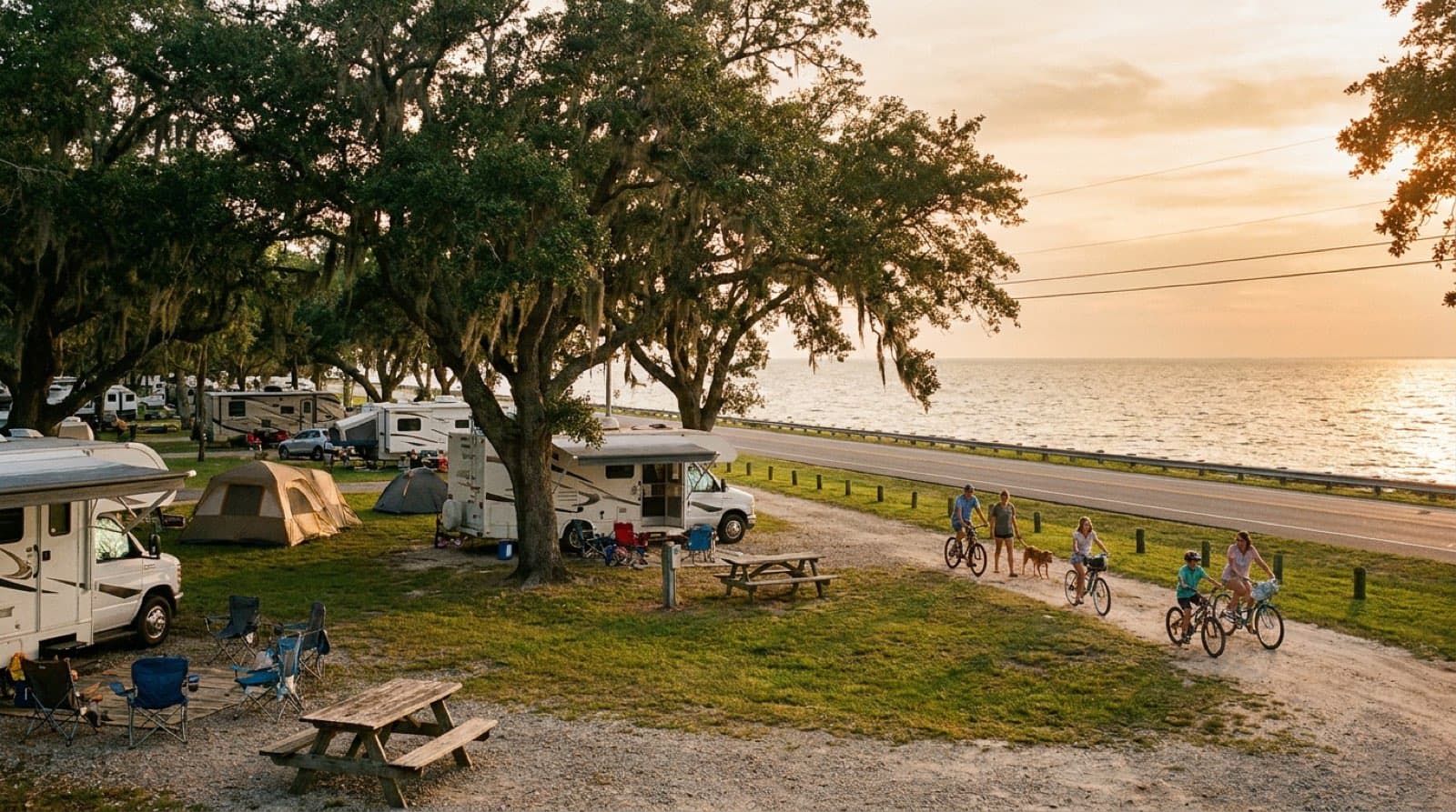 A wide grassy oak-shaded campground at Buccaneer State Park in Waveland with RVs and tents, the Gulf of Mexico visible across the road, warm coastal evening light