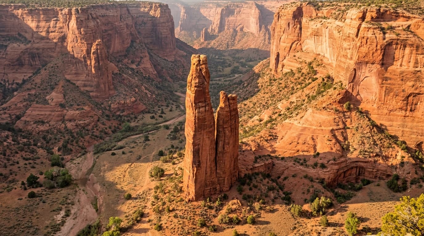 The 800-foot Spider Rock sandstone spire rising from the floor of Canyon de Chelly with sheer red rock walls in warm late light