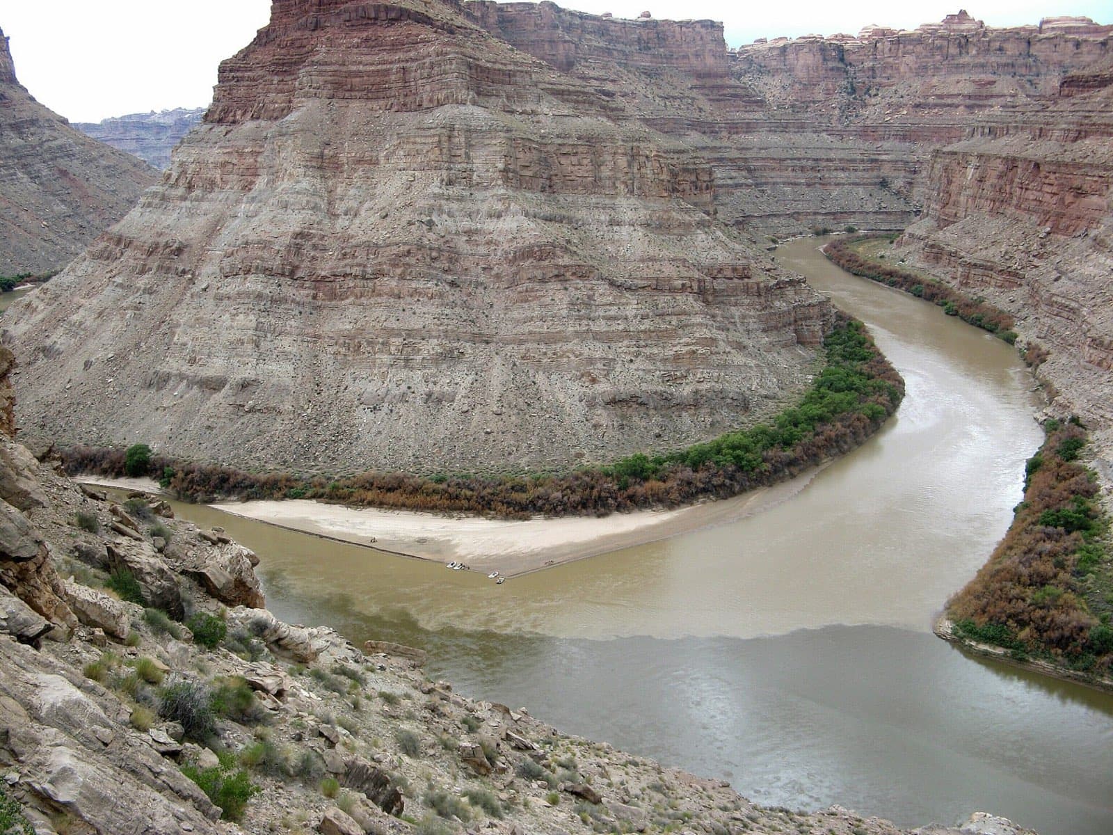 A wide aerial view of the Green and Colorado river confluence