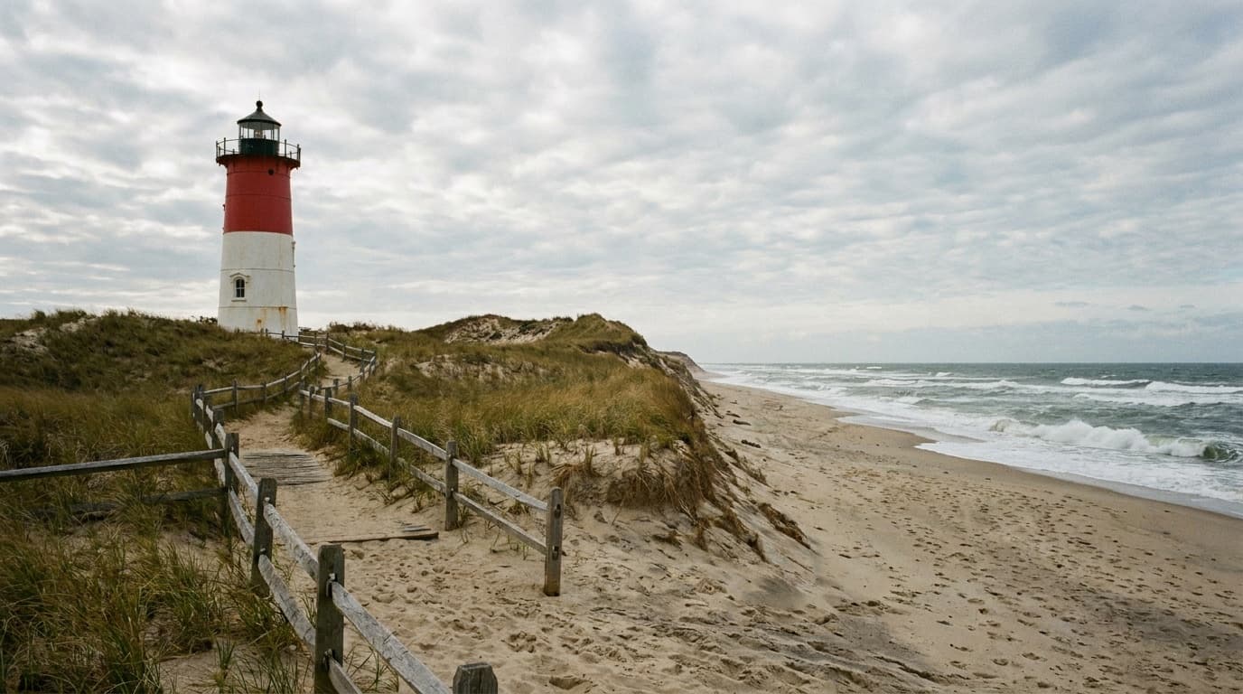 Nauset Light, the red-and-white lighthouse, above the dunes of the outer Cape