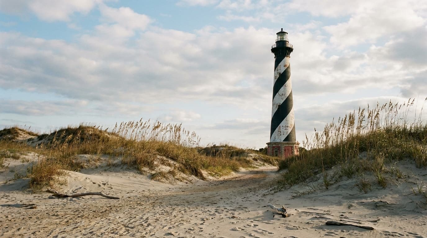 Cape Hatteras Lighthouse with its black-and-white spiral against open sky and dunes