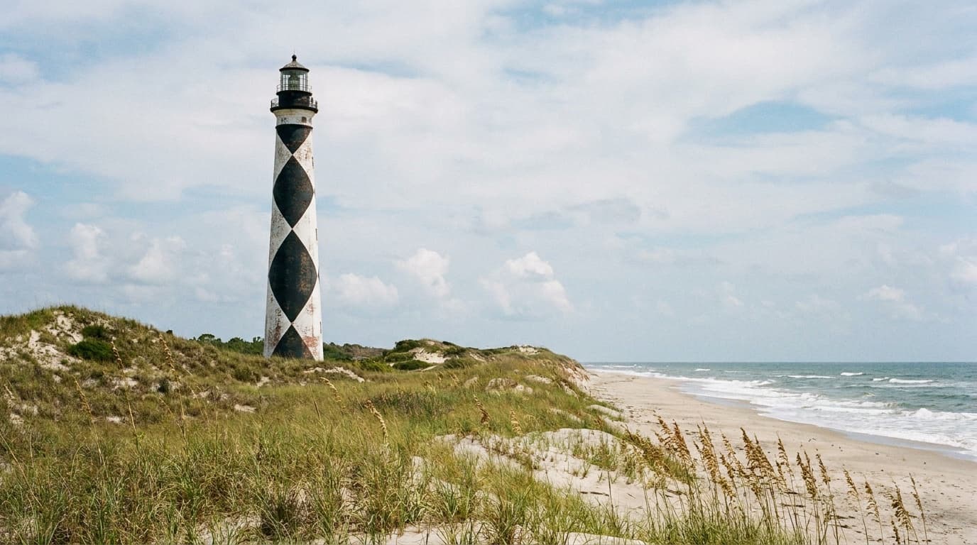 The black-and-white diamond-painted Cape Lookout Lighthouse rising over empty dunes and Atlantic beach under a wide sky