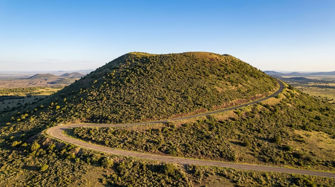 Capulin Volcano, a symmetrical green and tan cinder cone rising from the high plains, the paved Volcano Road spiraling up its flank, clear blue New Mexico sky, distant volcanic field
