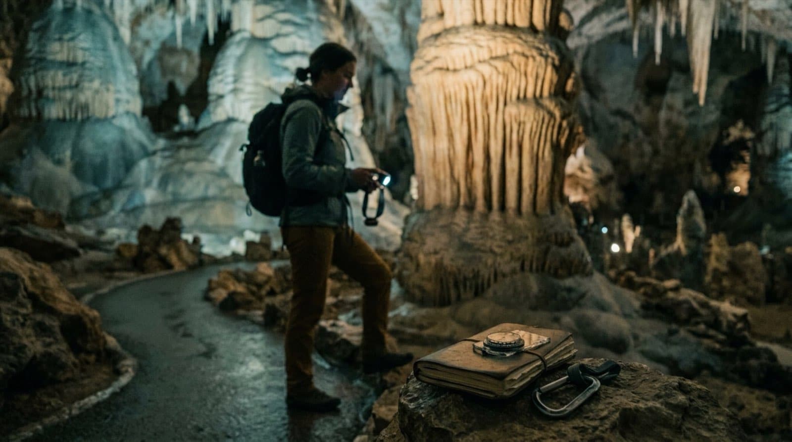 The vast Big Room cavern of Carlsbad Caverns, dramatic stalactites and stalagmites under soft uplighting.