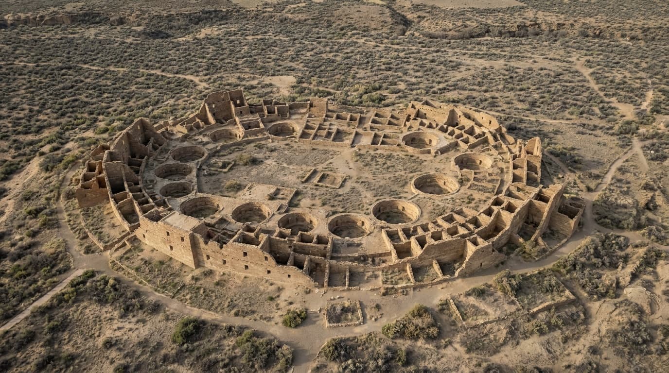 Aerial-style overhead view of the multi-story masonry great house Pueblo Bonito with its rows of ancient rooms and round kivas at Chaco Culture