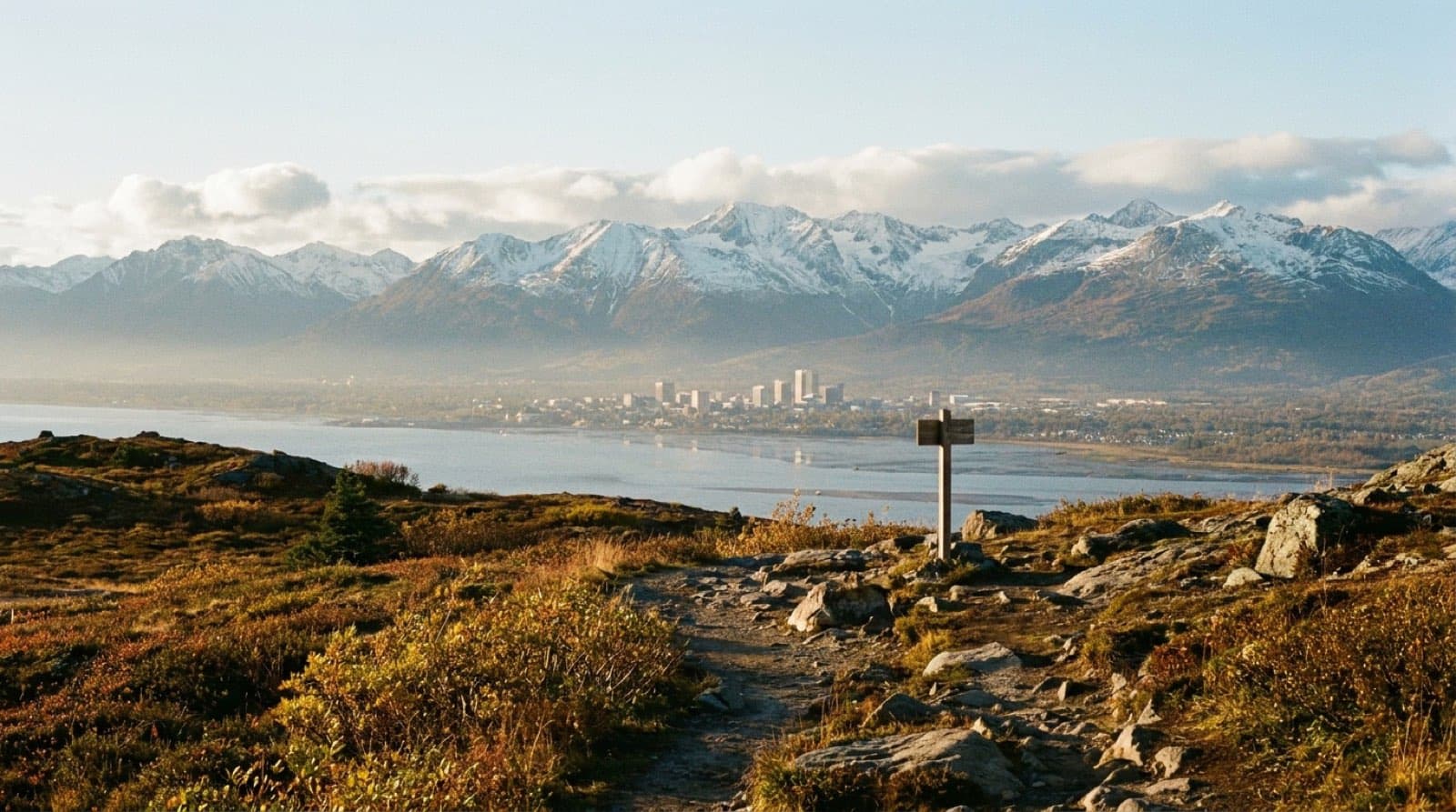 Mountains of Chugach State Park rising above Anchorage and Cook Inlet, Alaska